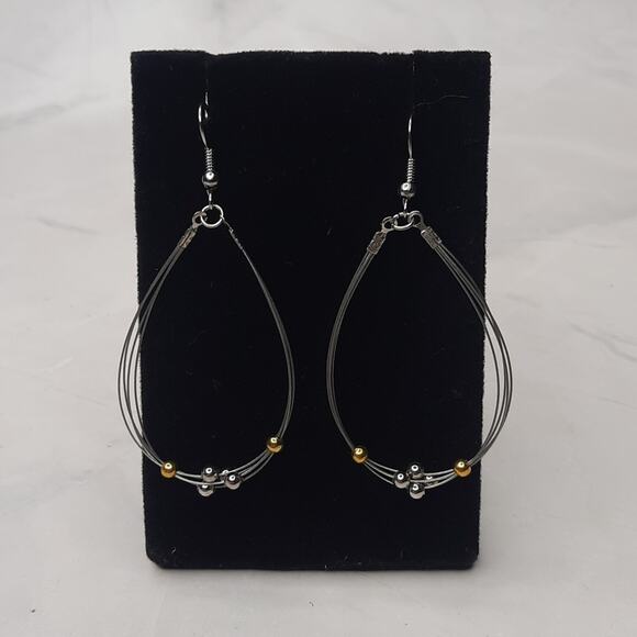 Silver Tone Wire Beaded Teardrop Dangle Earrings - Picture 1 of 7